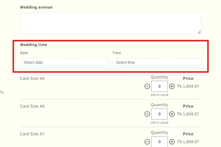 shopify product options - multivariants date and time