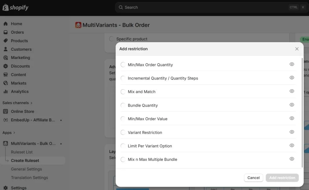 how to manage product variants on shopify - multivariants restriction options