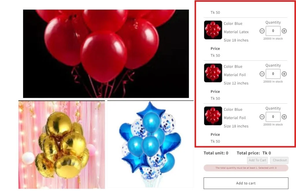 bulk balloon ordering on shopify - multivariants 1