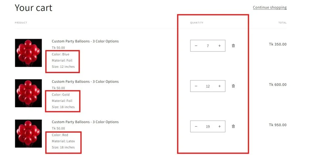 bulk balloon ordering on shopify - multivariants 2