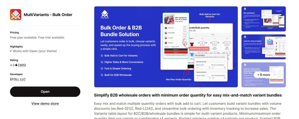 b2b wholesale apps - MultiVariants Shopify app store