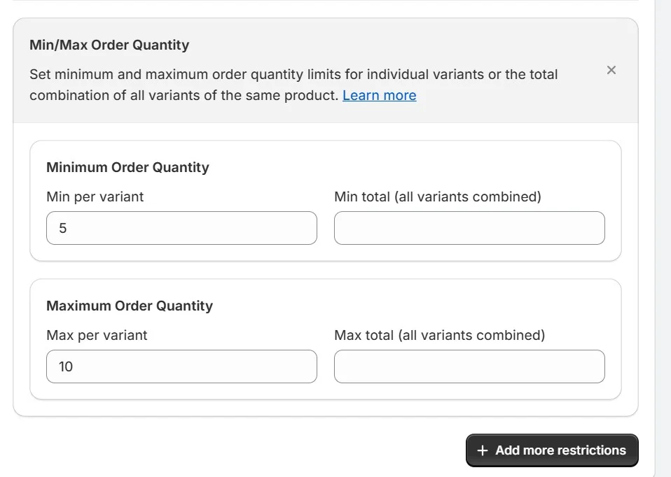 shopify order limits - MultiVariants min max