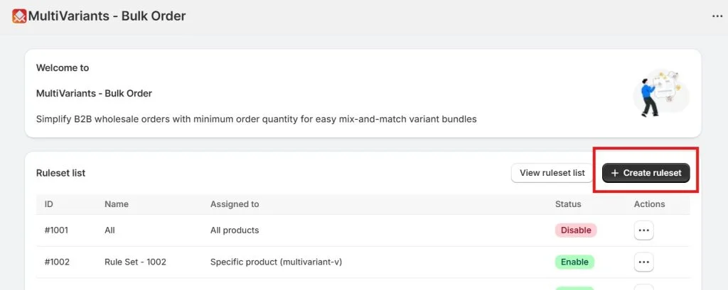 shopify minimum order quantity -  MultiVariants create ruleset