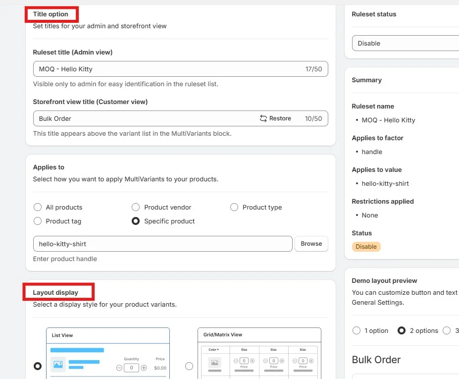 shopify minimum order quantity - MultiVariants basic info