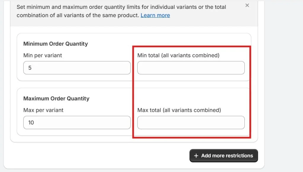 shopify minimum order quantity - min max variants combined
