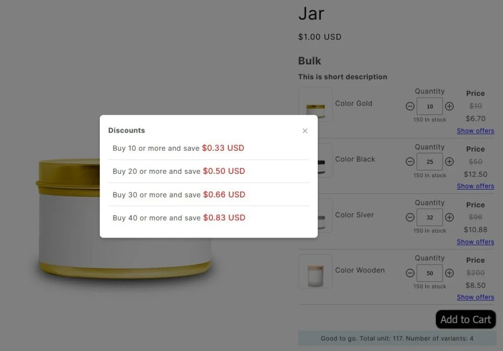 displaying tiered discount, a quantity increment model