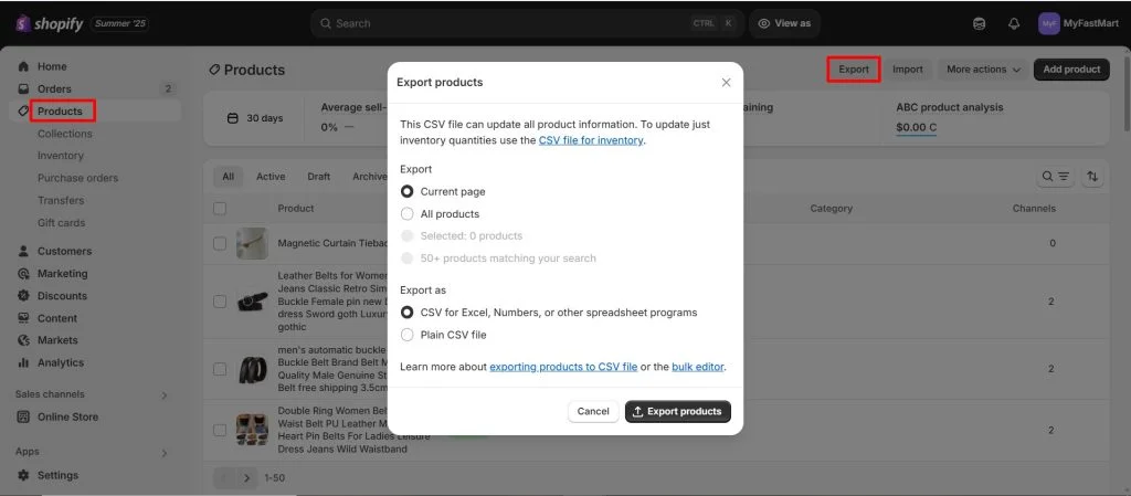 Shopify built-in bulk export