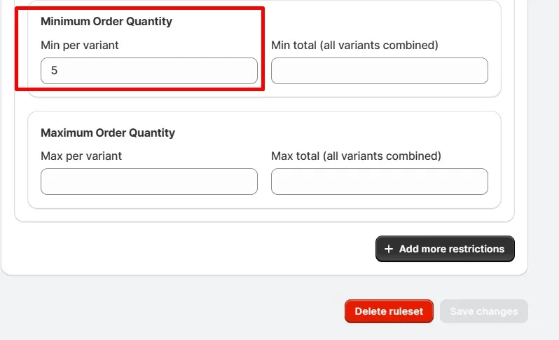 order quantity limits for product variants - Set Min Order Quantity