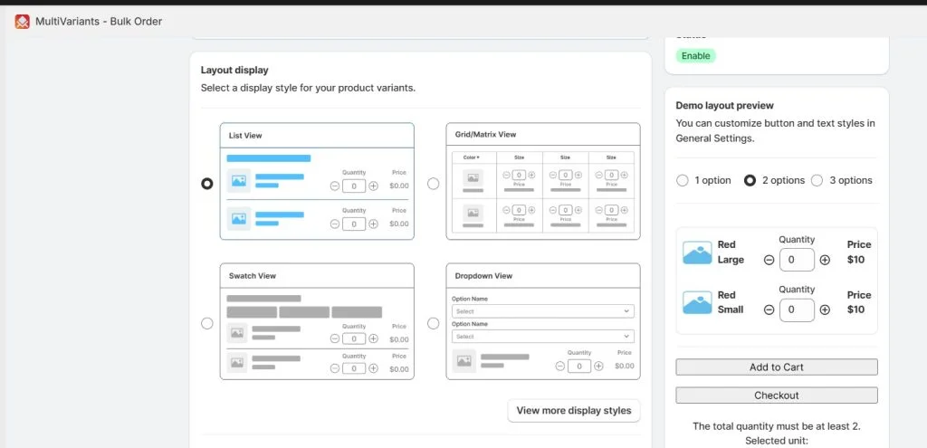 Shopify inventory management - MultiVariants Display Options