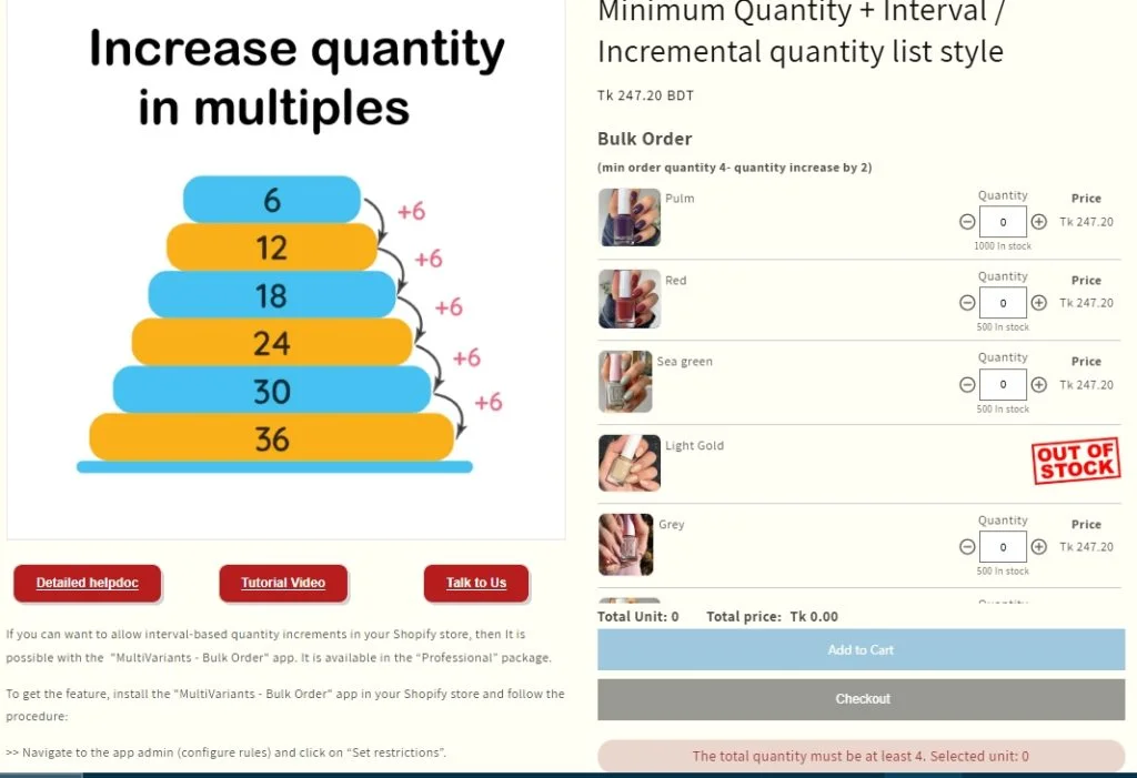 Set Minimum Quantity with Multivariants In The Shopify Store