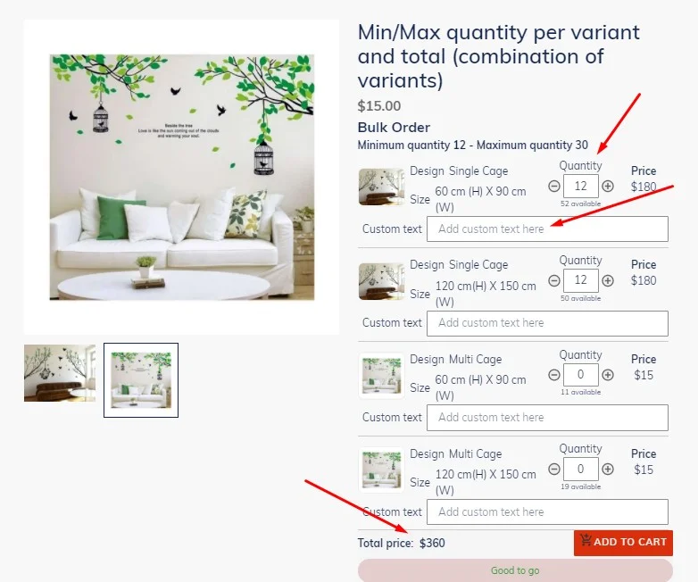 Min Max Quantity per variant and total