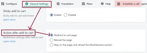Settings Redirect to cart page