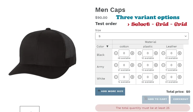 Shopify variants option display in grid swatch
