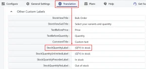 Available stock Quantity in translation