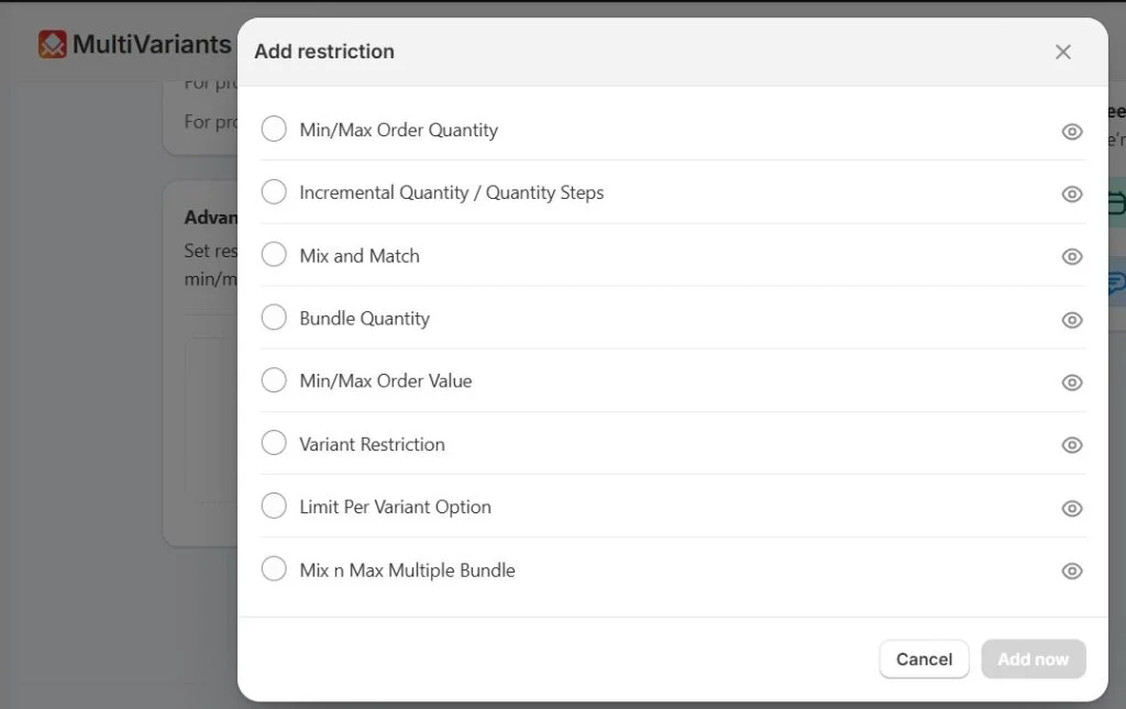 Choose restriction types you want to set for your products.