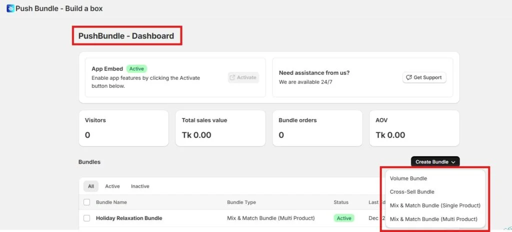 Paquetes de Año Nuevo de Shopify - Panel de control de PushBundle
