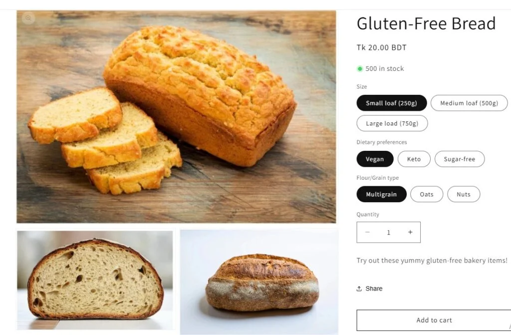 Entrega de panadería sin gluten - página de producto normal